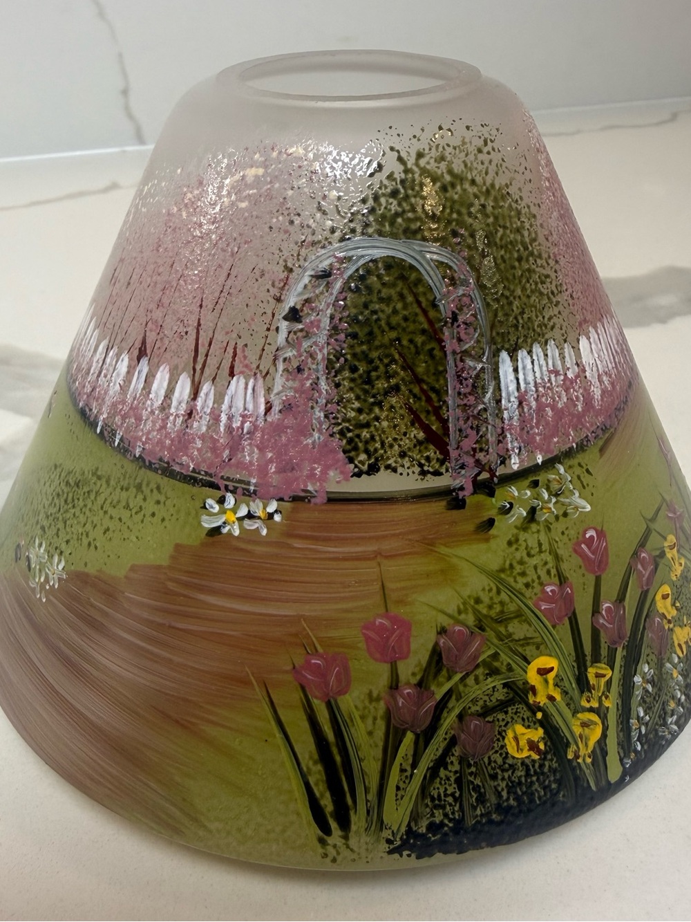 Glass Lamp Shade Frosted Hand Painted Landscape Design VINTAGE FLAWS NOTED